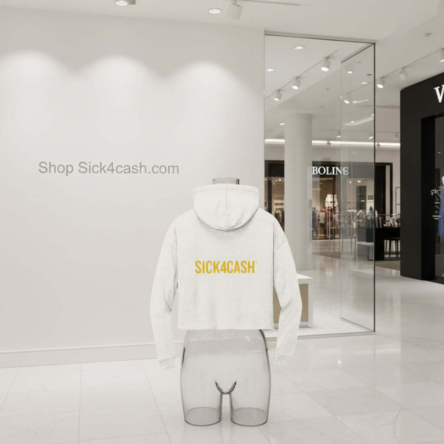 Gray cropped hoodie with 'Sick4Cash' graphic and text on a white background