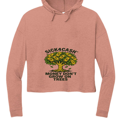 Pink cropped hoodie with 'Sick4Cash' graphic and text on a white background