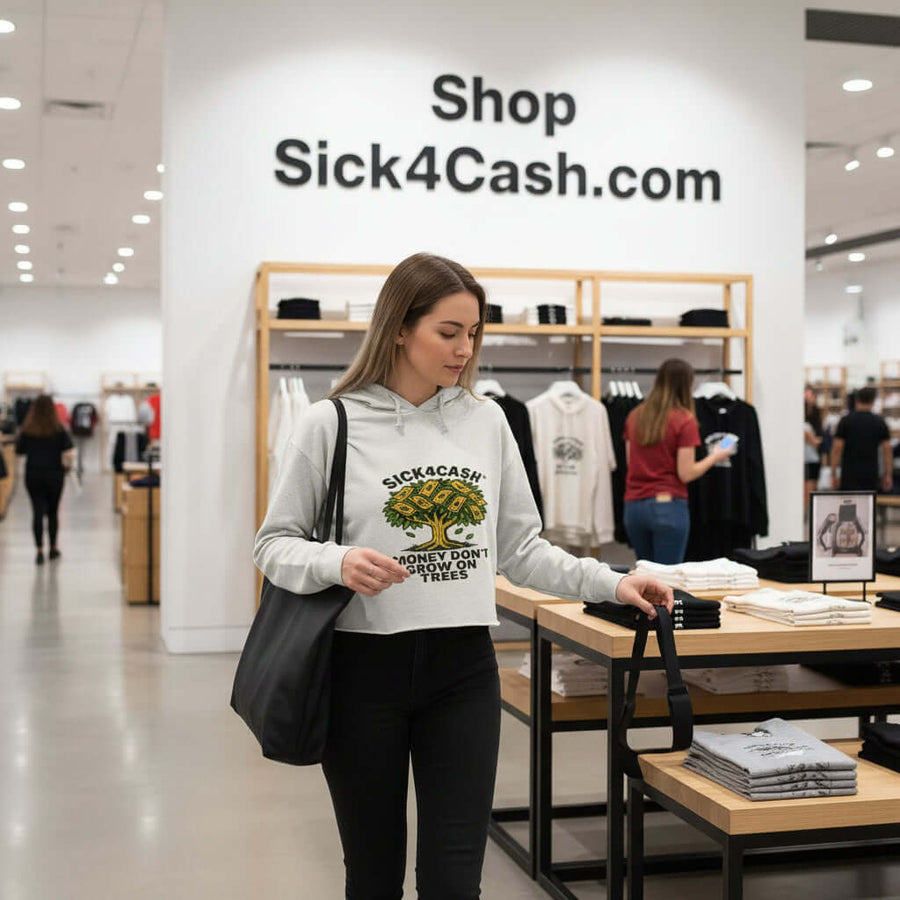 Gray cropped hoodie with 'Sick4Cash' graphic and text on a white background