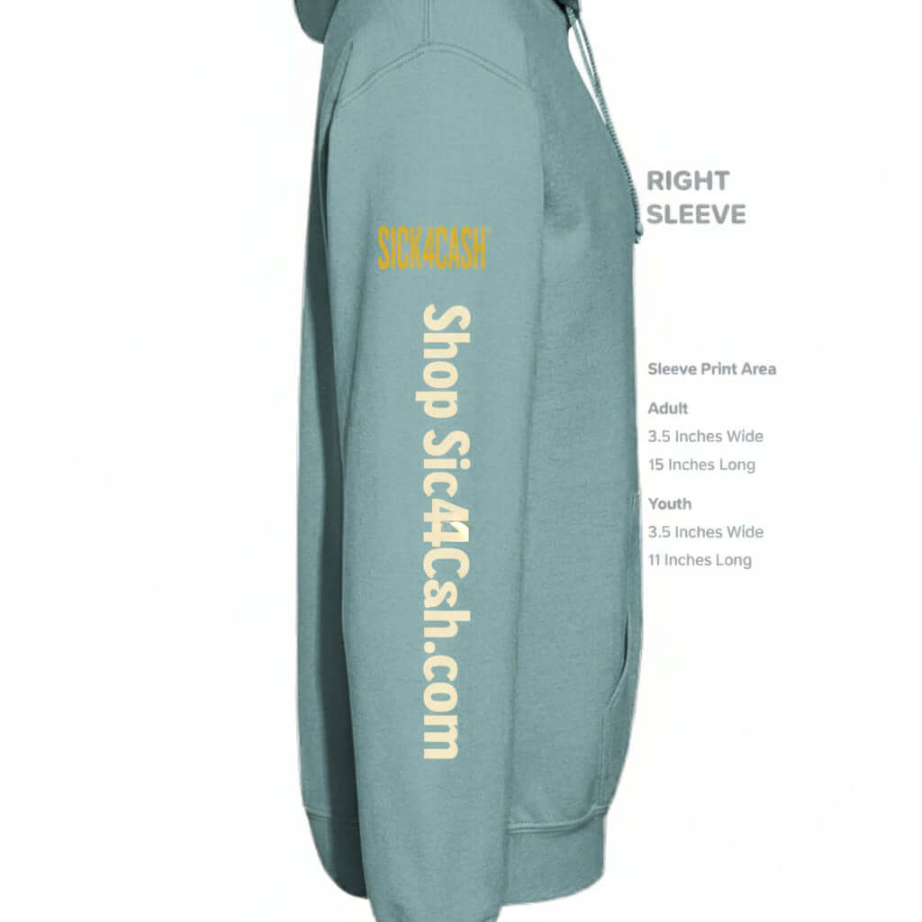 Green hoodie with yellow text on a white background