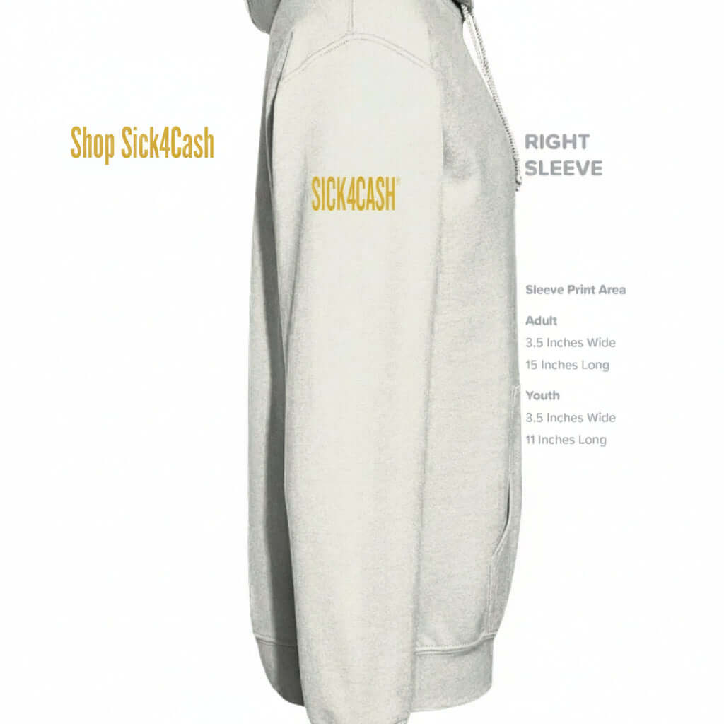 Gray sweatshirt with 'SICK 4 CASH' text on a sleeve, on a white background.