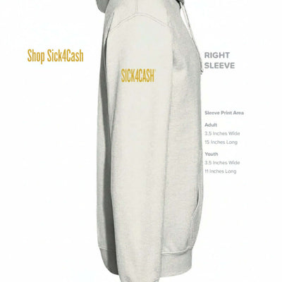 Gray sweatshirt with 'SICK 4 CASH' text on a sleeve, on a white background.