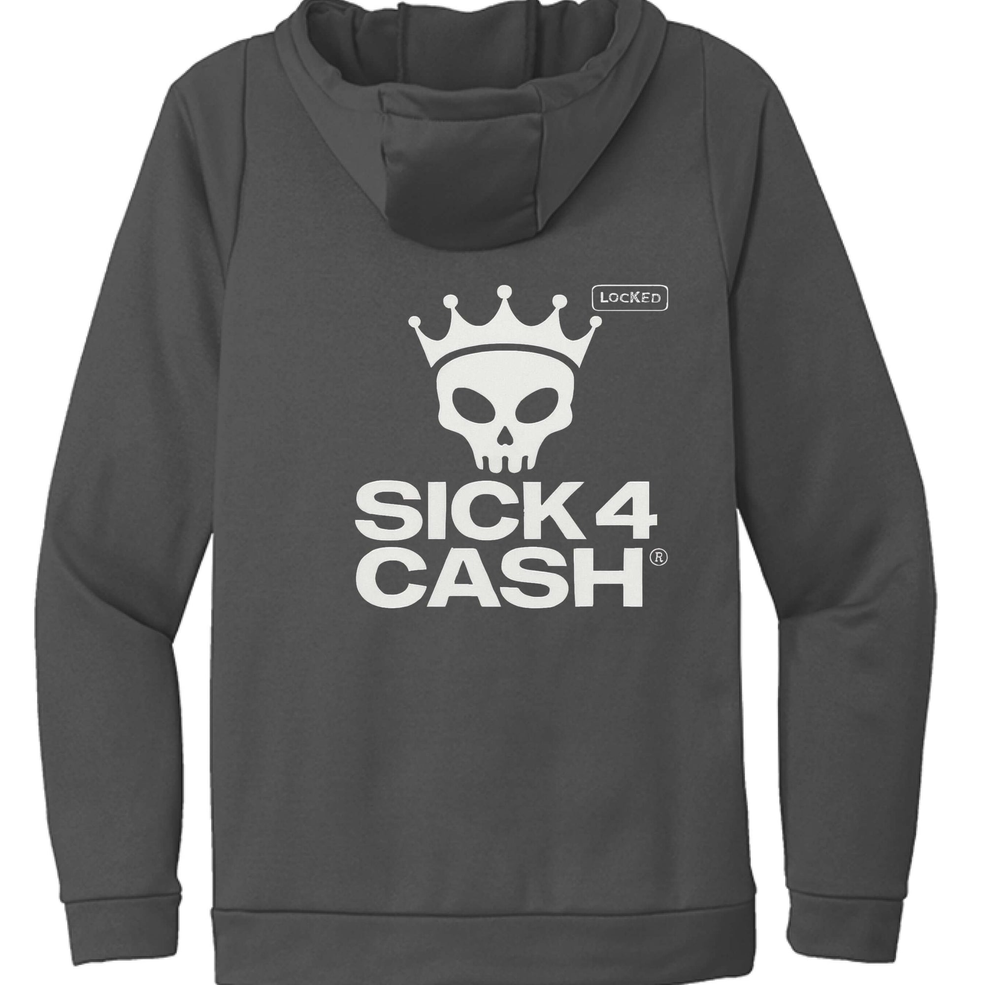 Gray hoodie with 'Sick 4 Cash' logo on the back against a white background