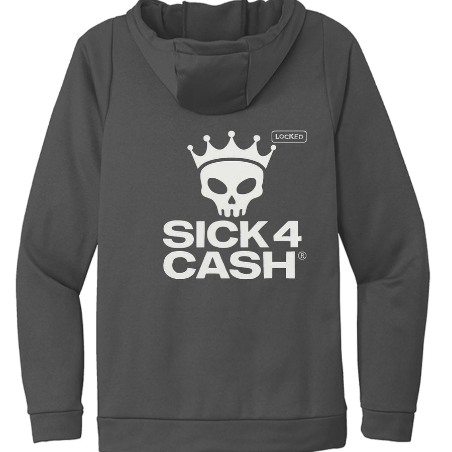 Dark gray hoodie with Nike logo and 'Sick 4 Cash' text on a white background
