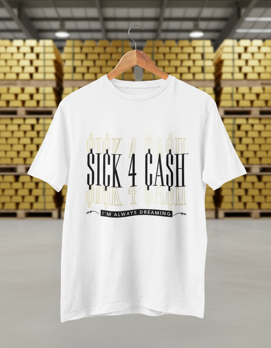 White t-shirt with text design on a hanger against a warehouse background