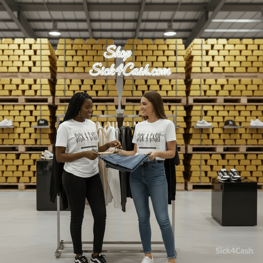 Black t-shirt with gold text on a white background
