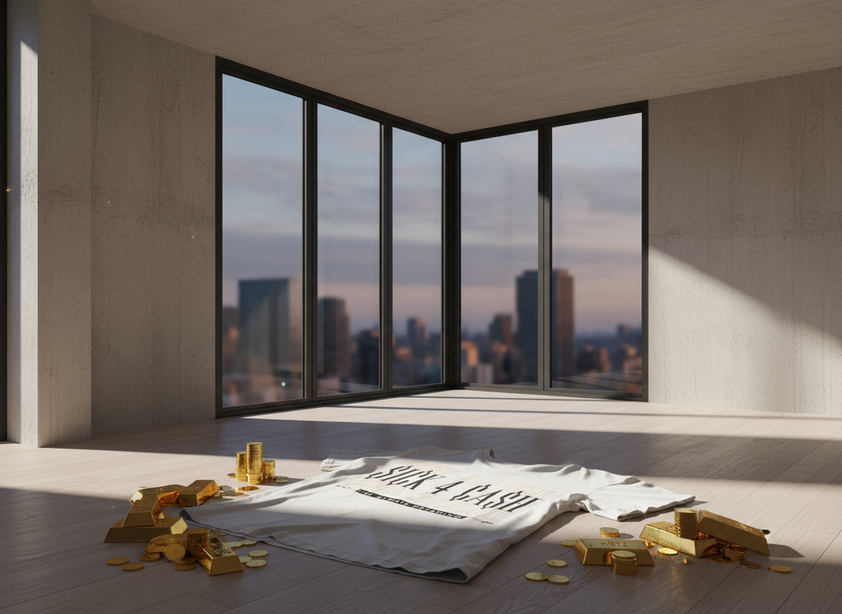 Modern room with large windows overlooking a cityscape, featuring gold bars and a newspaper on the floor.